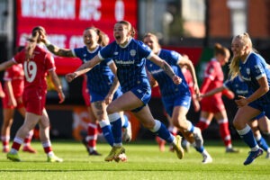 Mikayla Cook of Cardiff City Women celebrates her goal to make it 0-1 during the Genero Adran Premier game between Wrexham and Cardiff City at Stok Cae Ras