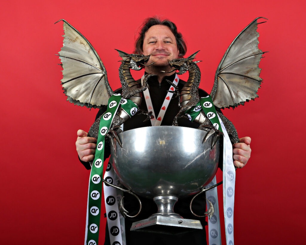 OSWESTRY, SHROPSHIRE, ENGLAND - 3rd APRIL 2026 - Craig Harrison, Manager of The New Saints F.C. celebrates after The New Saints vs Connah's Quay Nomads in Round 9 of the JD Cymru Premier Championship Conference at Park Hall, Oswestry