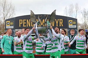 The New Saints squad lift the Cymru Premier title