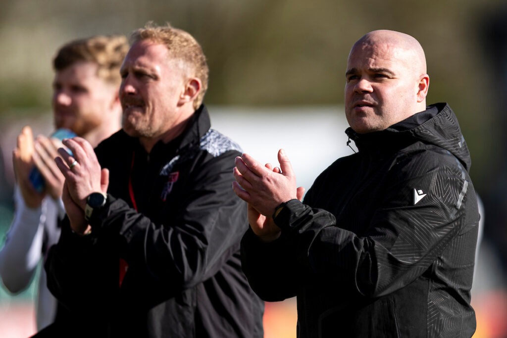 NEWPORT, WALES - 12 APRIL 2026: Flint Town manager Lee Fowler during 2025/26 JD FAW Welsh Cup Final fixture between Caernarfon Town F.C & Flint Town United F.C at Rodney Parade, Newport, Wales