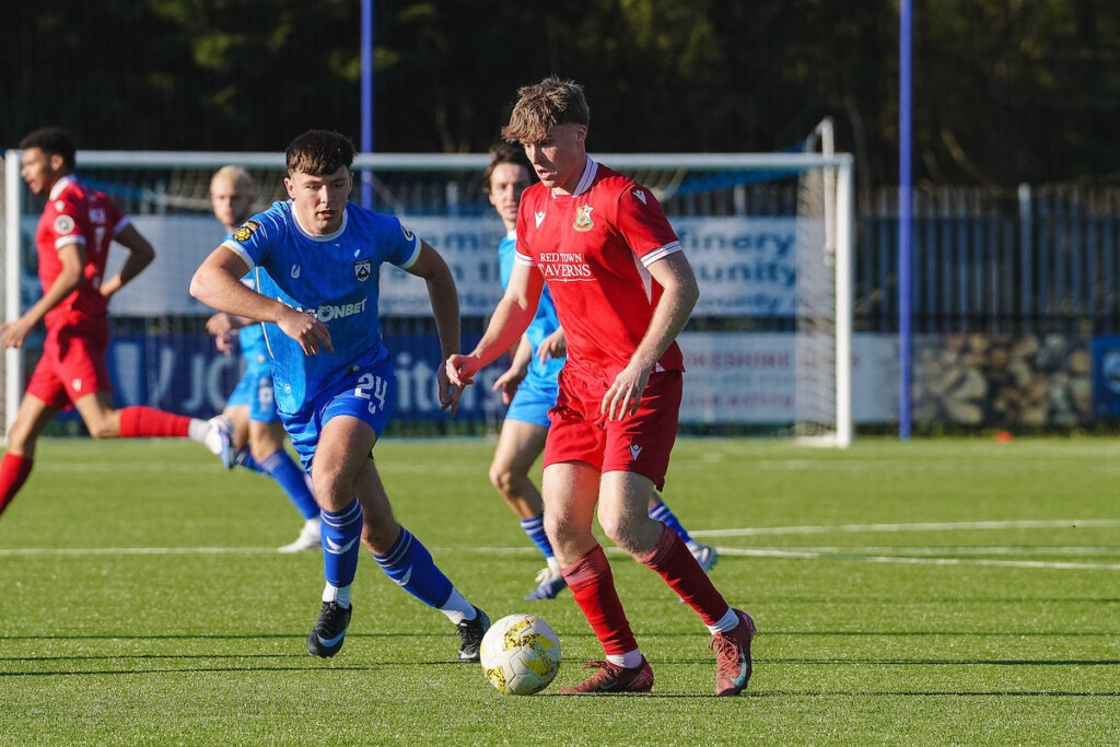 HAVERFORDWEST, WALES  - 18 APRIL 2026:Joe Lloyd of Llanelli Town during the JD Cymru Premier 2025/26 - Play-Off Conference  fixture Haverfordwest County vs Llanelli Town at Ogi Bridge Meadow Stadium, Haverfordwest, Wales 