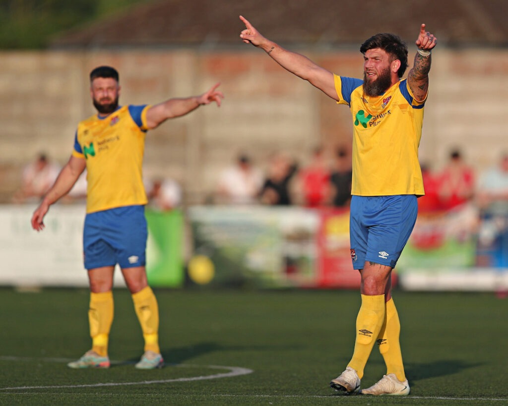 Shane Sutton of Knighton Town during CPD Porthmadog vs Knighton Town in the Lock Stock Ardal North League Play-Off Final at Park Avenue, Aberystwyth