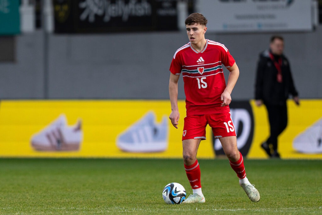 NEWPORT, WALES - 27 MARCH 2026: Aled Thomas of Everton and Wales during the 2027 UEFA u21 Championship Qualifier  between Cymru & Belarus at Rodney Parade, Newport, Wales