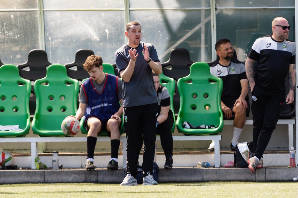 ABERYSTWYTH, WALES - 25 APRIL 2026:  Pontardawe's Manager Christian Evans during the 2025/26 FAW Dragon Signs Amateur Trophy final between Pontardawe Town FC & Clwb Pel-droed Dinas Bangor City 1976 FC at Park Avenue Stadium, Aberystwyth, Wales 