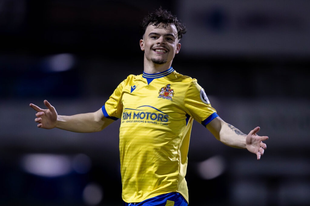 Ieuan Owen celebrates scoring a goal for Barry Town United