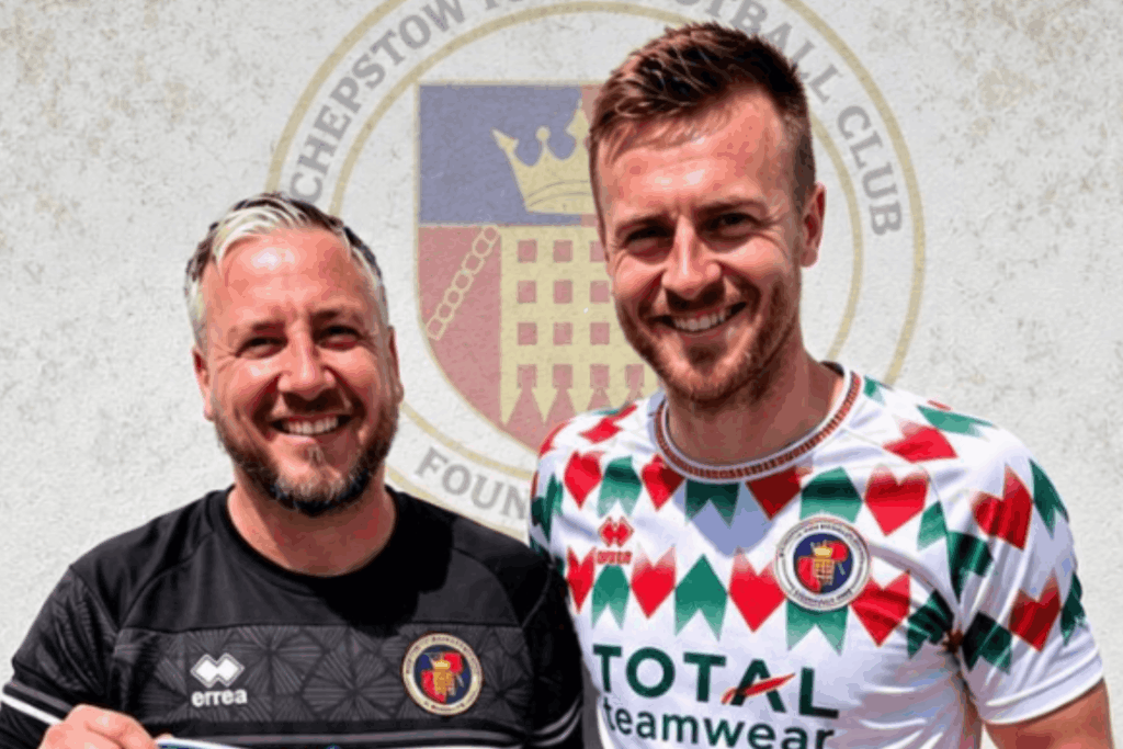 Marc Ingles (L) and Chris Ham (R) pose with a Chepstow Town shirt