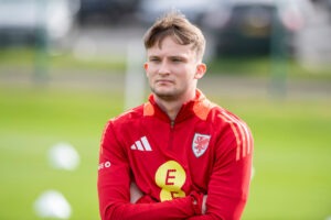 CARDIFF, WALES - 18th MARCH 2024: Wales U21’s train at the Vale Resort Hotel ahead of their upcoming match against Lithuania on Friday 22nd March. Pictured is Liverpool's Terence Miles