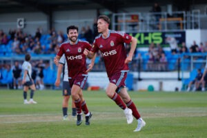 COLWYN BAY, WALES - 31 JULY 2026: Adam Davies of Colwyn Bay celebrates after scoring a goal to make it 2-0 during the Novira Cymru Premier game between Colwyn Bay and Trefelin BGC at The Blue Turtle Arena in Colwyn Bay