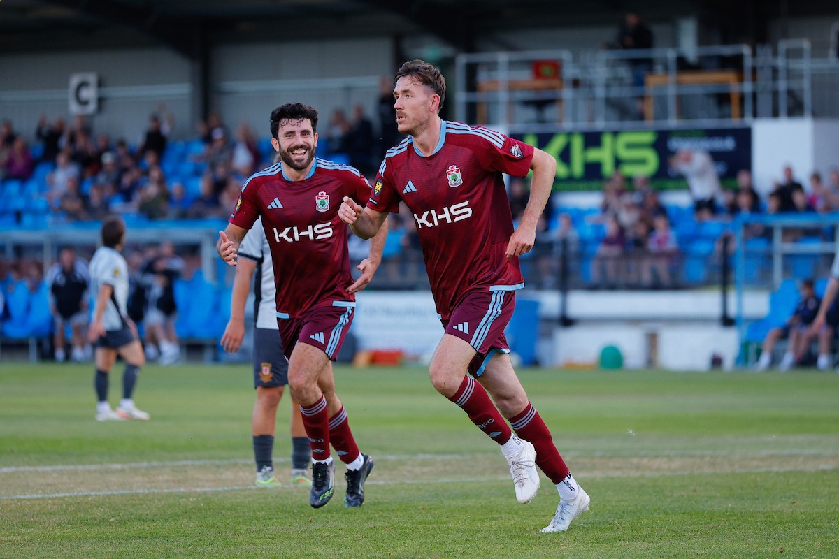 COLWYN BAY, WALES - 31 JULY 2026: Adam Davies of Colwyn Bay celebrates after scoring a goal to make it 2-0 during the Novira Cymru Premier game between Colwyn Bay and Trefelin BGC at The Blue Turtle Arena in Colwyn Bay