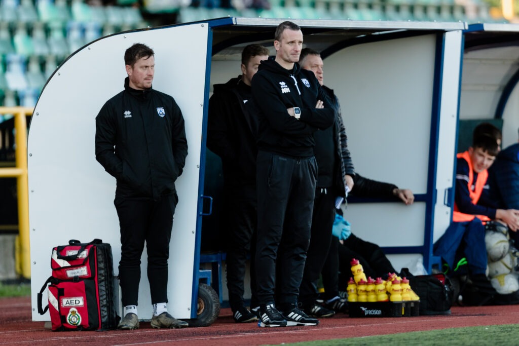 Haverfordwest County manager Nicky Hayen during the JD Cymru Premier / Play-off Conference league fixture between Barry Town United FC & Haverfordwest County A.F.C Jenner Park, Barry, Wales, March 5th, 2022. (Pic By John Smith/FAW)