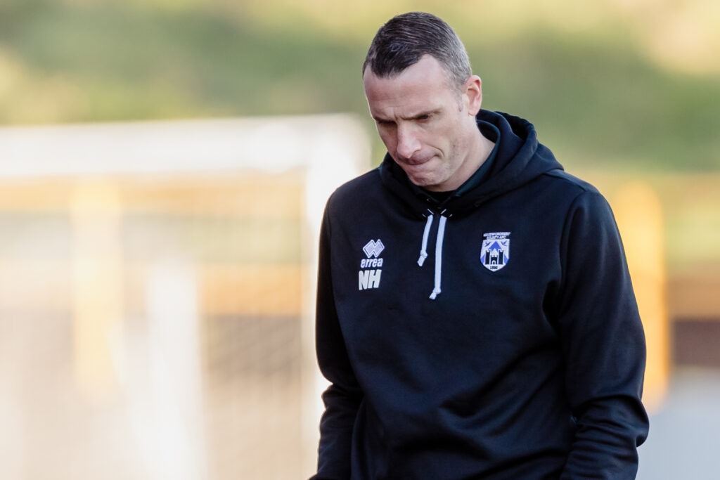 Haverfordwest County manager Nicky Hayen during the JD Cymru Premier / Play-off Conference league fixture between Barry Town United FC & Haverfordwest County A.F.C Jenner Park, Barry, Wales, March 5th, 2022. (Pic By John Smith/FAW)