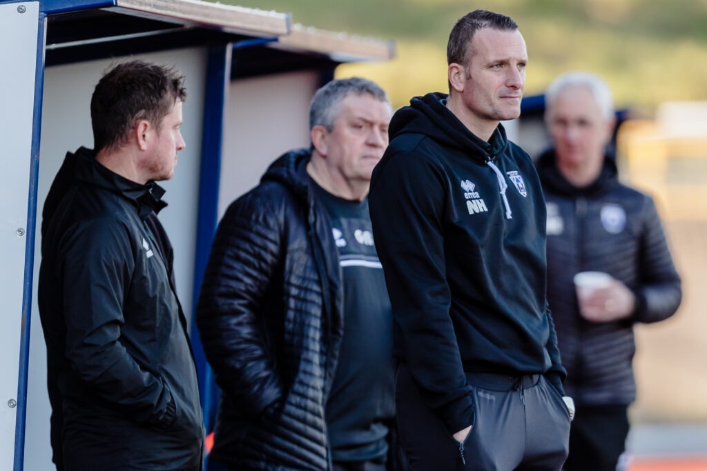 Haverfordwest County manager Nicky Hayen during the JD Cymru Premier / Play-off Conference league fixture between Barry Town United FC & Haverfordwest County A.F.C Jenner Park, Barry, Wales, March 5th, 2022. (Pic By John Smith/FAW)