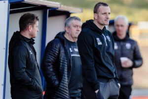 Haverfordwest County manager Nicky Hayen during the JD Cymru Premier / Play-off Conference league fixture between Barry Town United FC & Haverfordwest County A.F.C Jenner Park, Barry, Wales, March 5th, 2022. (Pic By John Smith/FAW)