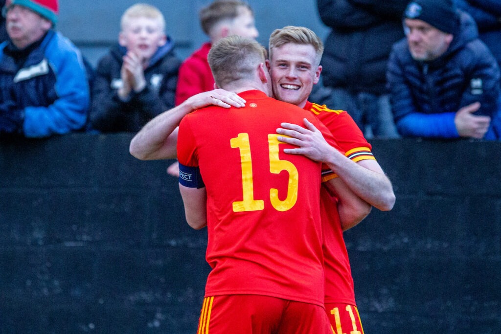 Will Evans gives Cymru the 1-0 lead at Cymru C vs England C International Friendly at The Oval, Caernarfon