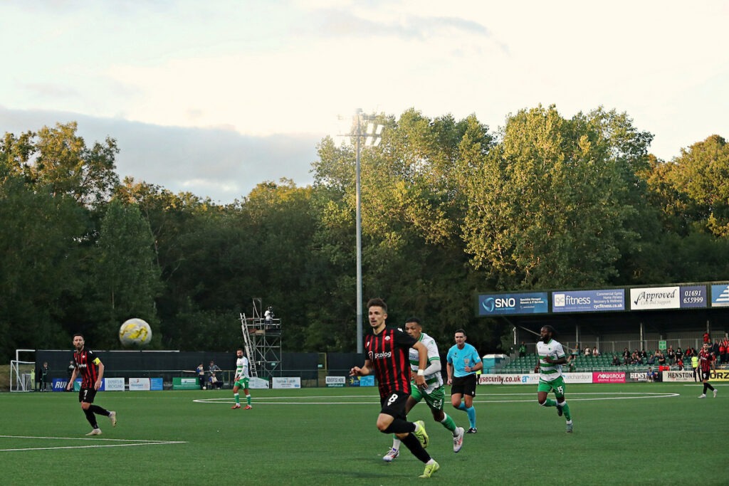 Florent Ramadani of KF Shkëndija chases a loose ball during the UEFA Champions League - 1st Qualifying Round between The New Saints and KF Shkëndija at the Park Hall Stadium, in Oswestry on the 8th July 2025