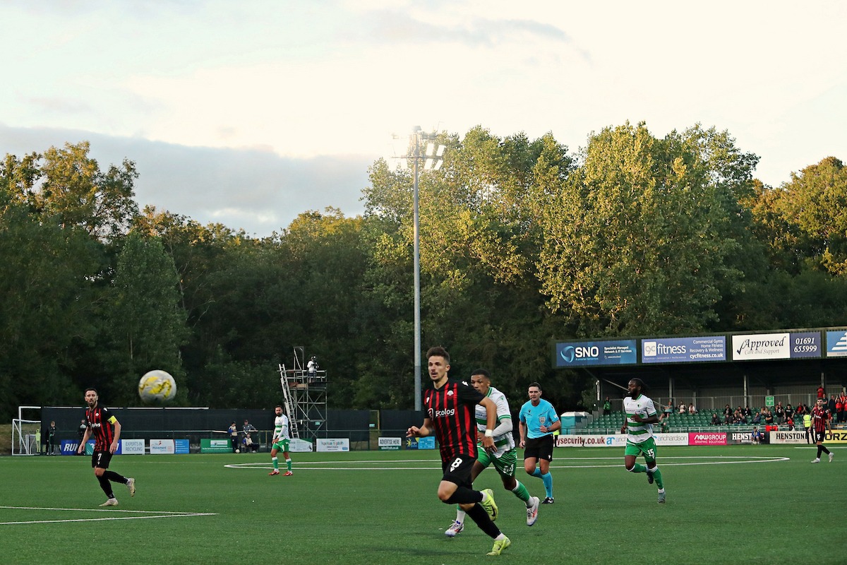 Florent Ramadani of KF Shkëndija chases a loose ball during the UEFA Champions League - 1st Qualifying Round between The New Saints and KF Shkëndija at the Park Hall Stadium, in Oswestry on the 8th July 2025