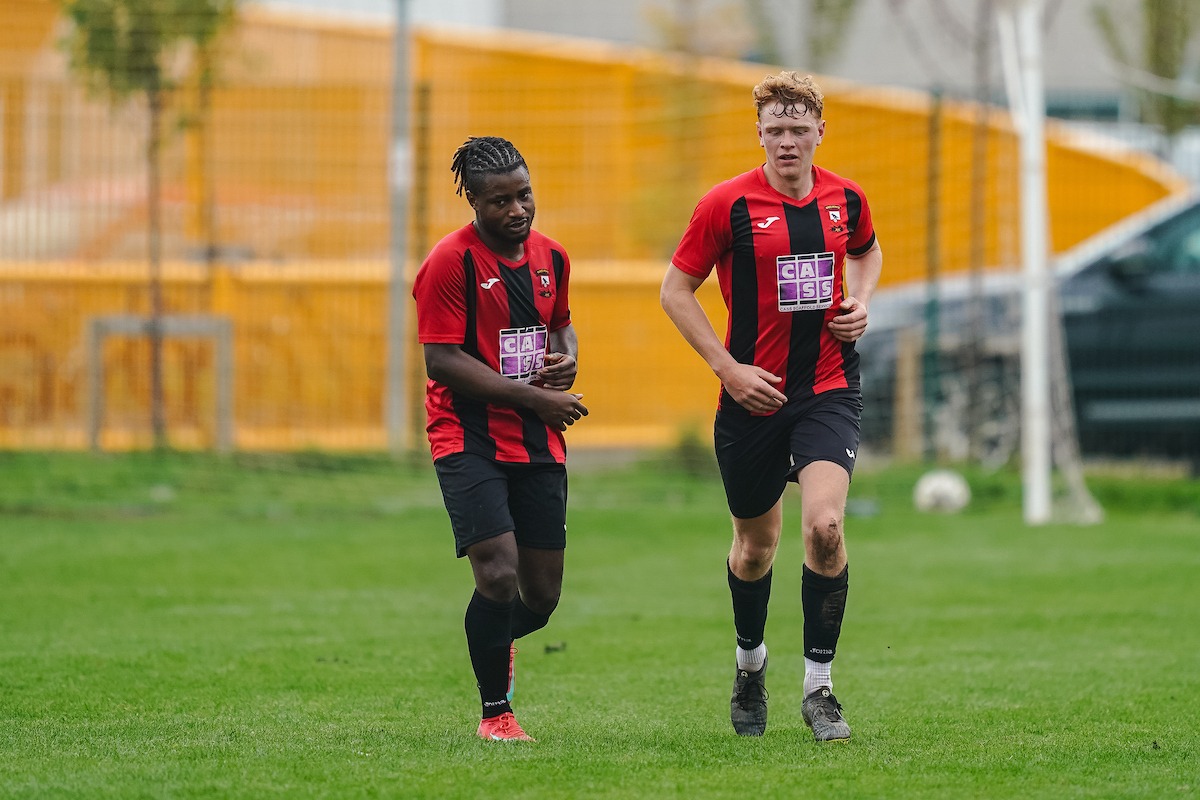 Dinas Powys of the South Wales Premier League players celebrating Tempitope Adekunle of Dinas Powys’ goal during the JD Welsh Cup 2025/26 fixture Dinas Powys FC vs Cardiff Draconians FC at Murchfield, Cardiff, Wales