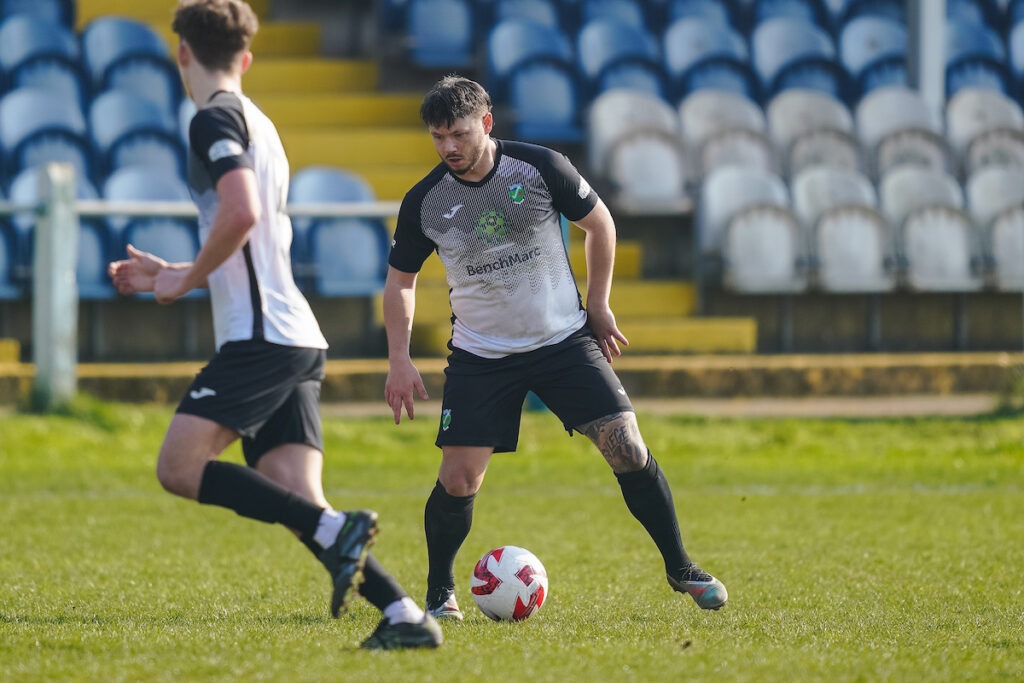 Kyle Copp of Pontardawe Town during the Dragon Signs Amateur Trophy 2025/26 Semi Final fixture Porthcawl Town Atheltic vs Pontardawe Town at Victoria Road, Port Talbot, Wales