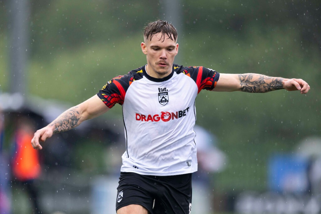 Corey Shephard of Haverfordwest County during the 2025/26 JD Cymru Premier European Play Off Final between Penybont & Haverfordwest County at the DragonBet Stadium, Bridgend, Wales