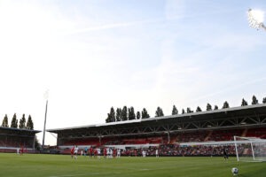 A general view of the Racecourse during the UEFA Women’s Champions’ League First Qualifying Round Semi Final fixture between FC Pyunik and Wrexham AFC Women at The Racecourse Ground, Wrexham, Wales. 22nd of July