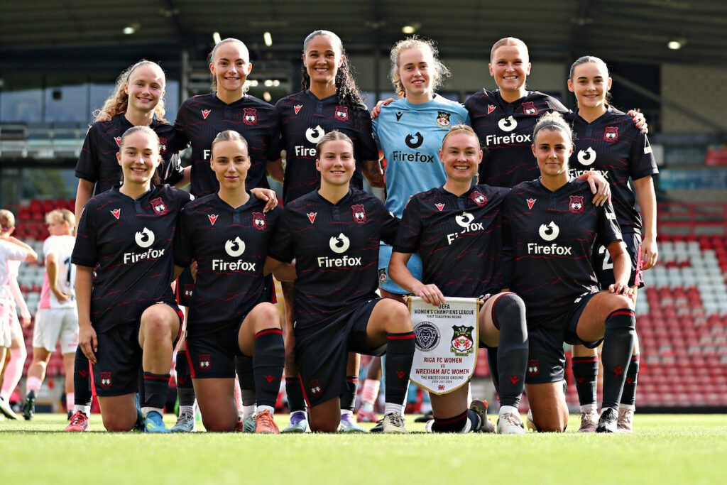 The Wrexham team photo before Riga Women FC vs Wrexham AFC Women in the Women's Champions League Qualification First Round Final at the Racecourse Ground, Wrexham