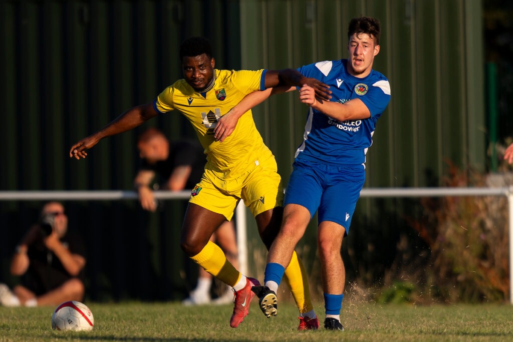 BRIDGEND, WALES - 24th July 2026: Players from Ardal South West sides Canton and Cefn Cribwr during the 2026/27 FAW Welsh Cup first qualifying round between Cefn Cribwr & Canton at Cae Gof, Bridgend, Wales.