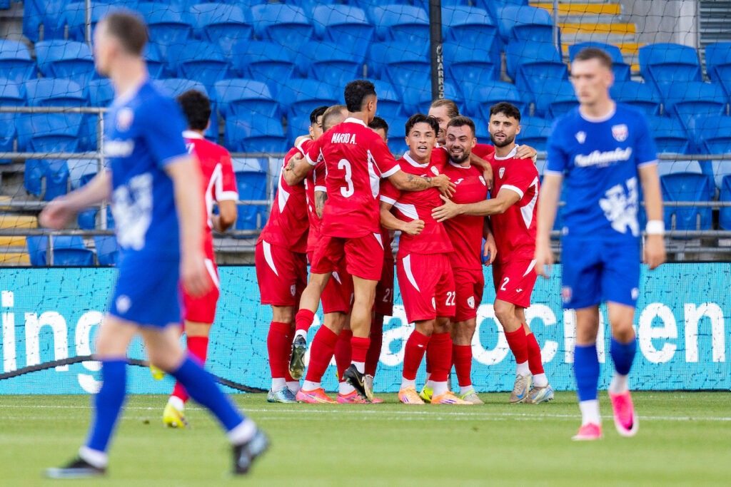 Santa Coloma celebrate their first goal. Penybont v Santa Coloma in the UEFA Conference League First Qualifying Round at the Cardiff City Stadium.