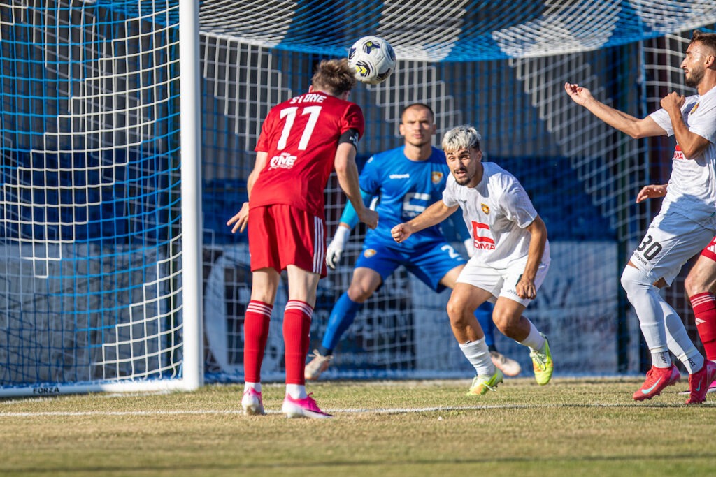 Connah's Quay Nomads' Mikey Stone heads towards goal during the UEFA Conference League First Qualifying Round fixture between Connah’s Quay Nomads and FC Ballkani at Llanelian Road, Colwyn Bay. 8th of July, Colwyn Bay, Wales