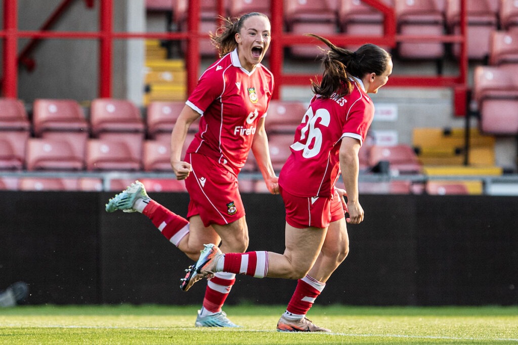 Lili Mai Jones of Wrexham AFC Women celebrates as she puts Wrexham 2-1 up during the UEFA Women’s Champions’ League First Qualifying Round Semi Final fixture between FC Pyunik and Wrexham at The Racecourse Ground, Wrexham, Wales. 22nd of July