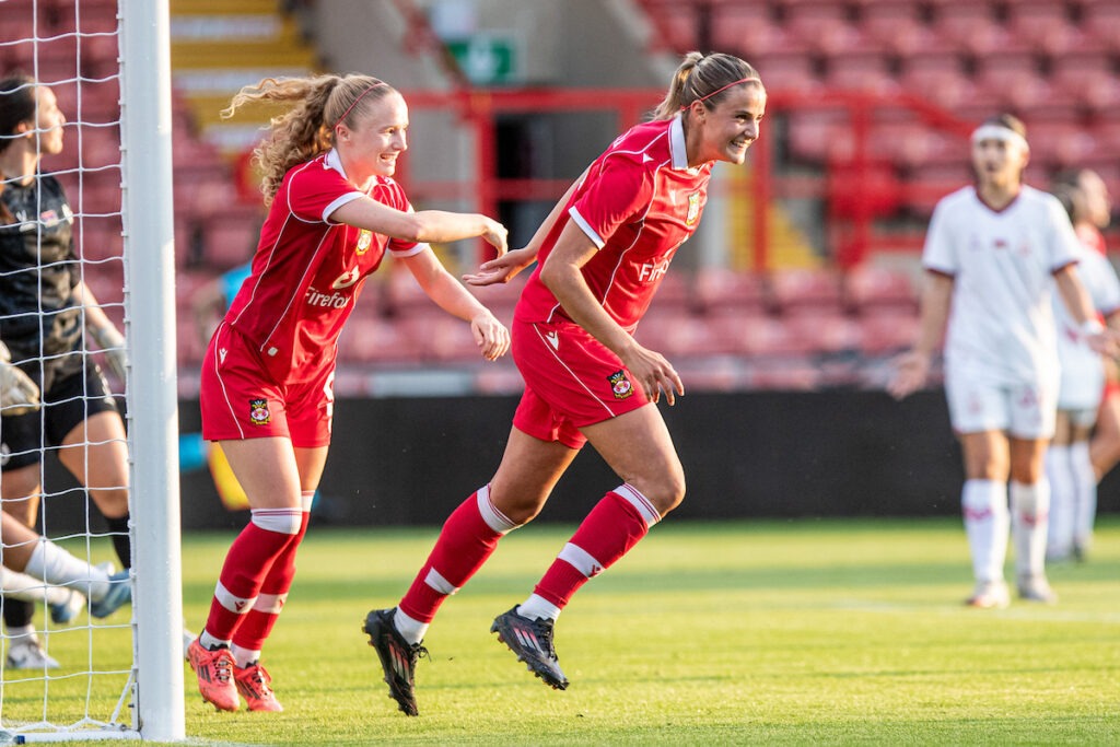 Ava Suckley of Wrexham AFC Women makes it 3-1 during the UEFA Women’s Champions’ League First Qualifying Round Semi Final fixture between FC Pyunik and Wrexham at The Racecourse Ground, Wrexham, Wales. 22nd of July