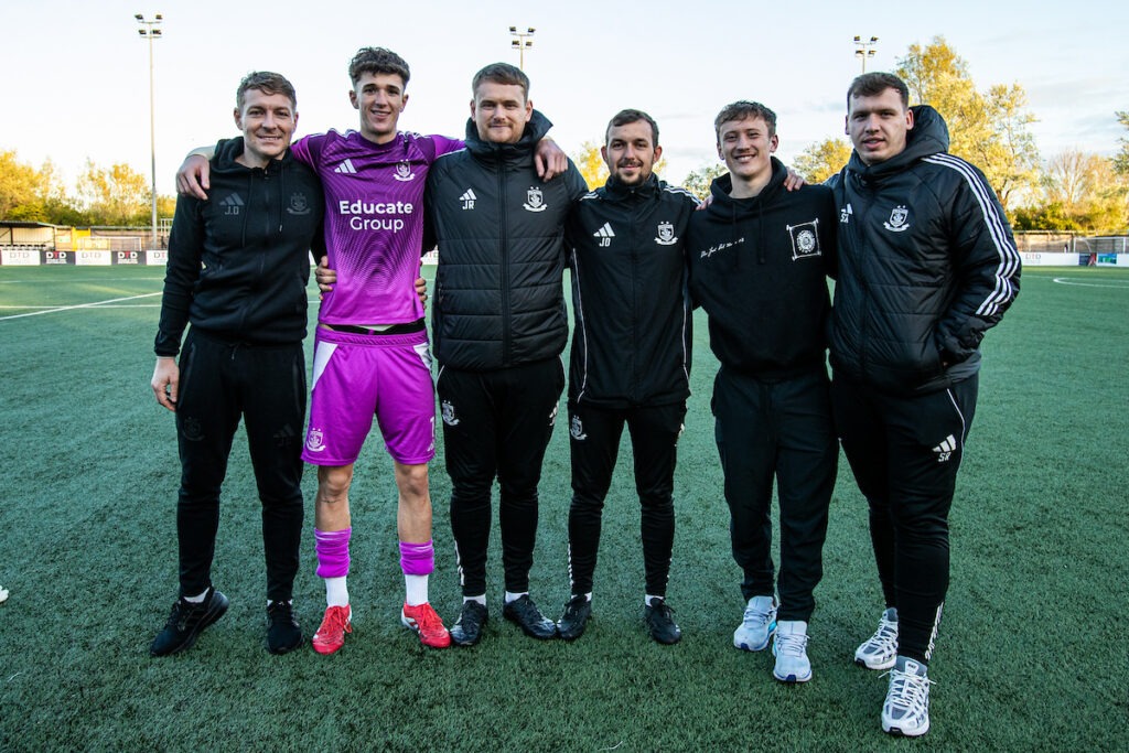 Connah's Quay Nomads' Manager, John Disney, Kit Margetson, Jon Rushton, Jack Disney, Jacob Cook and Seb Richardson following the JD Cymru Premier fixture between Connah’s Quay Nomads and Colwyn Bay at the Essity Stadium, Flint. 18th of April, Flint, Wales 