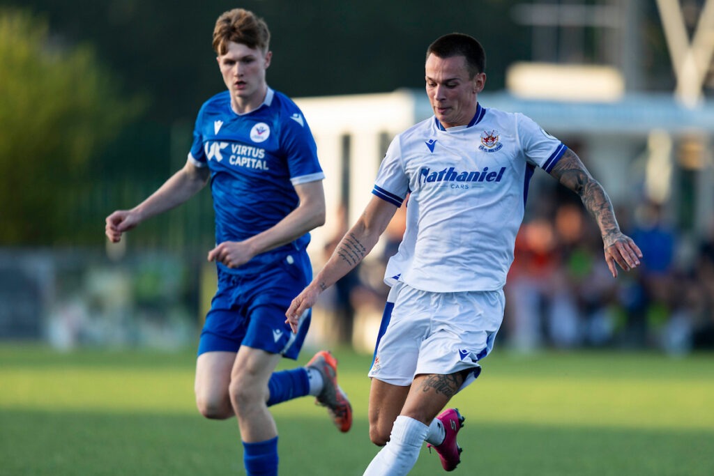 Ryan Hill of Penybont in action.
Penybont v Trethomas Bluebirds in a pre season friendly at the DragonBet Stadium on the 23rd June 2026.