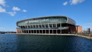 A general view of Everton FC's Hill Dickinson Stadium, at Bramley Moore Dock in Liverpool, England