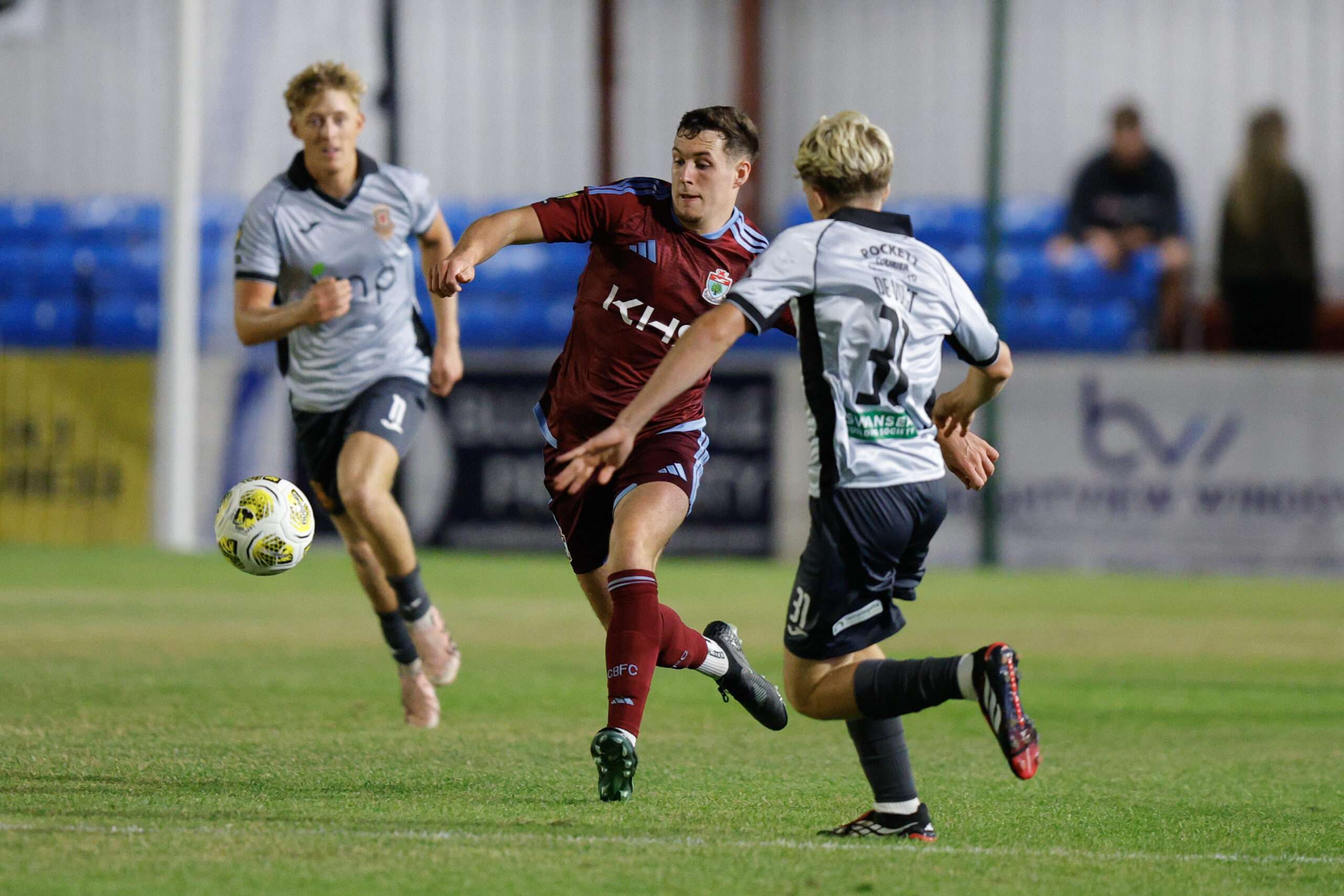 COLWYN BAY, WALES - 31 JULY 2026: Matty Hill of Colwyn Bay and Declan John De-Vulgt of Trefelin BGC during the Novira Cymru Premier game between Colwyn Bay and Trefelin BGC at The Blue Turtle Arena in Colwyn Bay. (Pic by James Baylis/FAW)