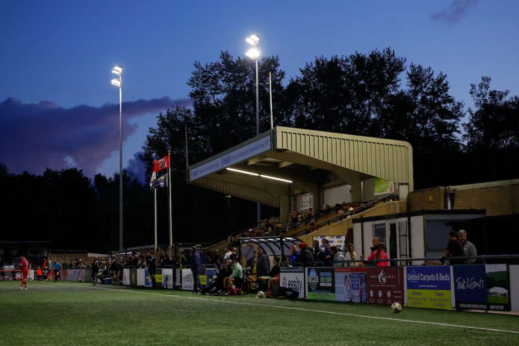 general view of the Essity Stadium home ground of Flint Town United during the Novira Cymru Premier game between Flint Town United and Briton Ferry Llansawel AFC at the Essity Stadium in Flint