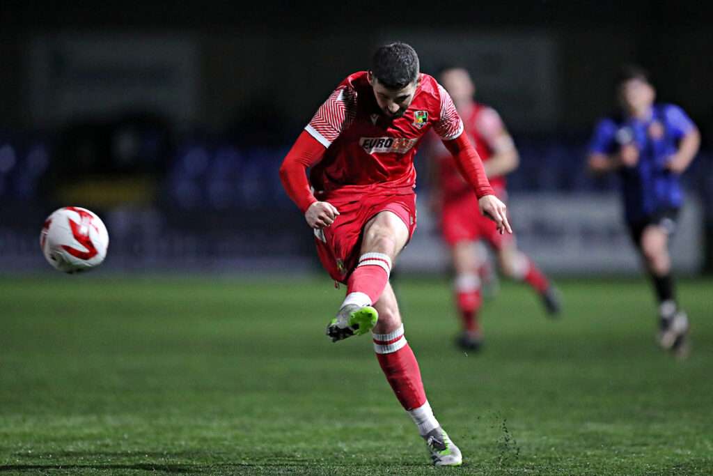 Charley Edge of Gresford shoots during Gresford Athletic vs Prestatyn Town in Round 17 of the JD Cymru North at the Hollingsworth Group Stadium, Broughton
