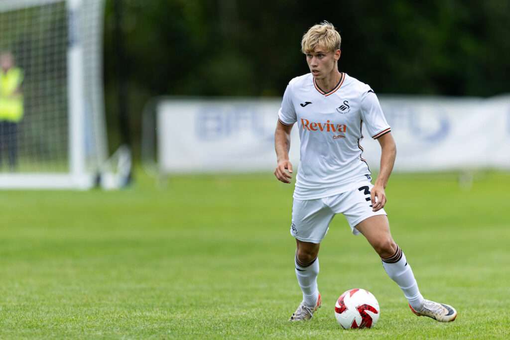 Seb Dabrowski of Swansea City in action.
Baglan Dragons v Swansea City in the Nathaniel MG Cup at Evans Bevans Playing Fields on the 21st July 2024.