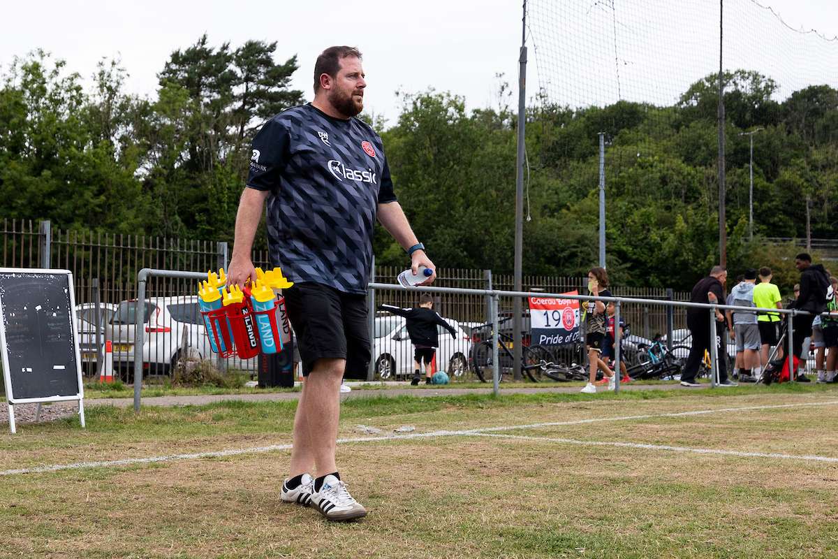 Caerau Ely manager Dean Wheeler ahead of kick off. Caerau Ely v Trefelin in the Nathaniel MG Cup at Cwrt yr Ala Road on the 18th July 2025.