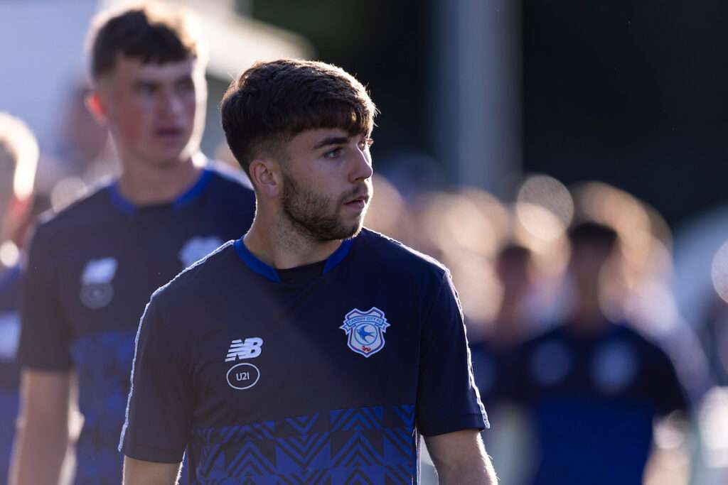 Jake Davies of Cardiff City during the warm up.
Cymru Premier Cambrian United v Cardiff City in the Nathaniel MG Cup at the M&P Group 3G on the 1st August 2025