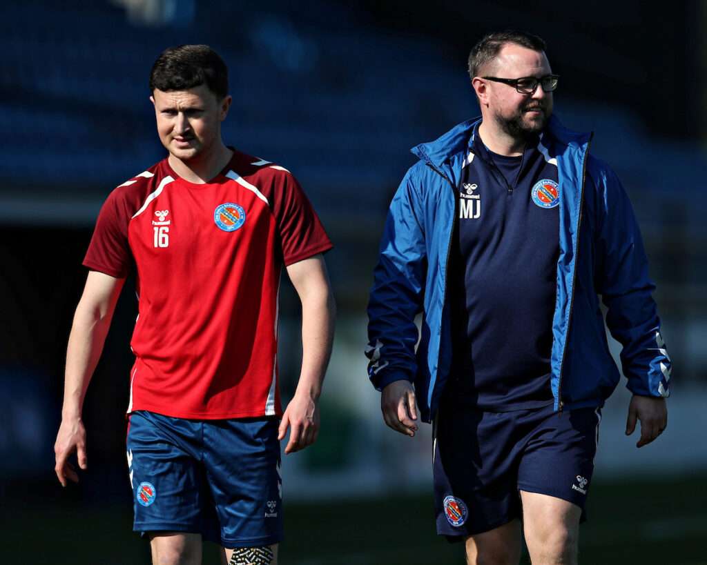 Tommy Creamer of CPD Dinas Bangor 1876 and Michael Johnston, Manager of CPD Dinas Bangor 1876 before Penmaenmawr Phoenix vs CPD Dinas Bangor 1876 in the Semi-Final of the Dragon Signs Amateur Trophy at the Blue Turtle Arena, Colwyn Bay