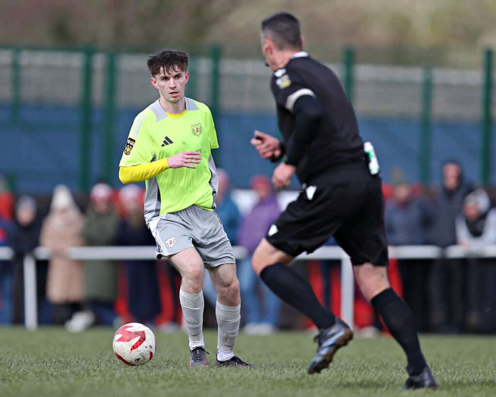 Guto Williams of Holywell Town FC during CPD Penrhyncoch vs Holywell Town in Round 28 of the JD Cymru North at Cae Baker, Penrhyncoch 