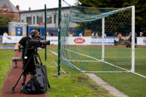 Sgorio camera during the 2025/26 JD Cymru Premier European Play Off Semi Final between Barry Town United AFC & Haverfordwest County at Jenner Park, Barry, Wales.