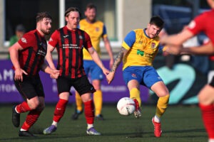 Taylor Wozencraft of Ardal North East side Knighton Town during CPD Porthmadog vs Knighton Town in the Lock Stock Ardal North League Play-Off Final at Park Avenue, Aberystwyth