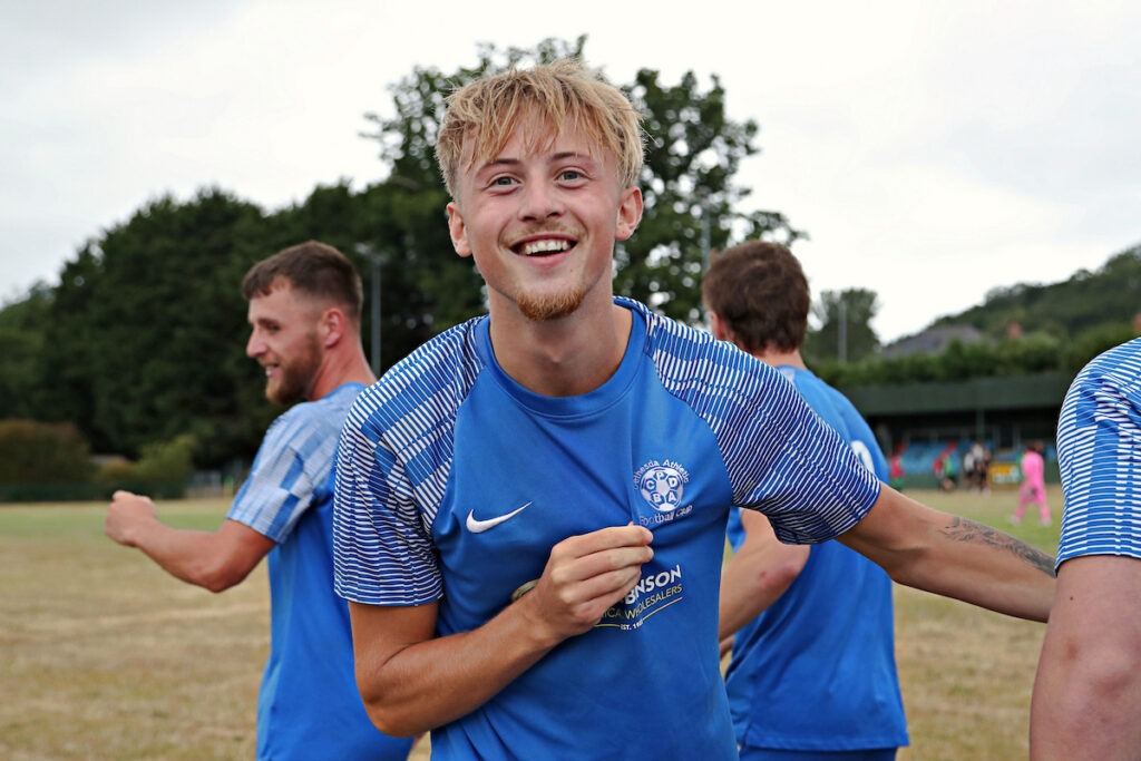Ardal North East side Bethesda celebrate winning the penalty shootout after Llansantffraid Village FC vs Bethesda Athletic in the FAW Welsh Cup First Qualifying Round at the Llansantffraid Recreation Ground, Treflan, Llansantffraid-ym-Mechain