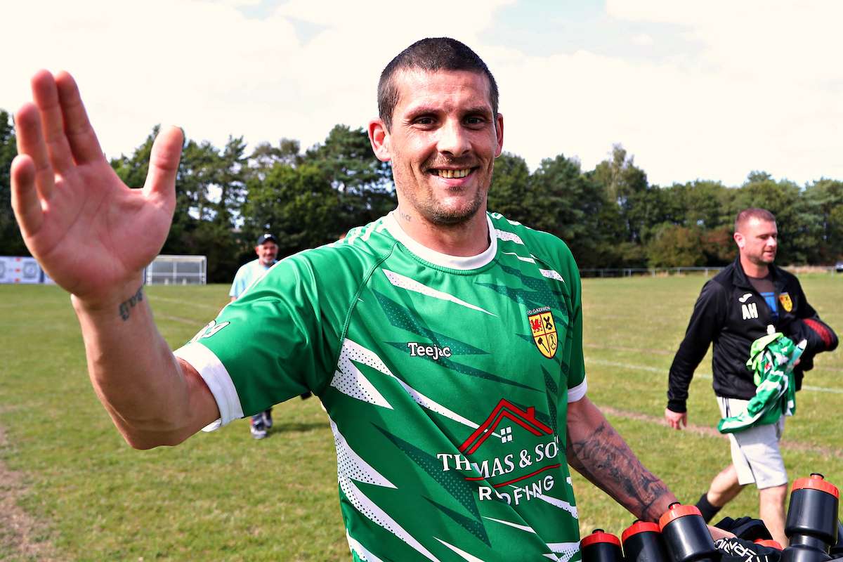 Anthony Williams of CPD Gaerwen celebrates after CPD Llanfairpwll vs CPD Gaerwen in the Second Qualifying Round of the FAW Welsh Cup at Maes Eilian, Llanfairpwll