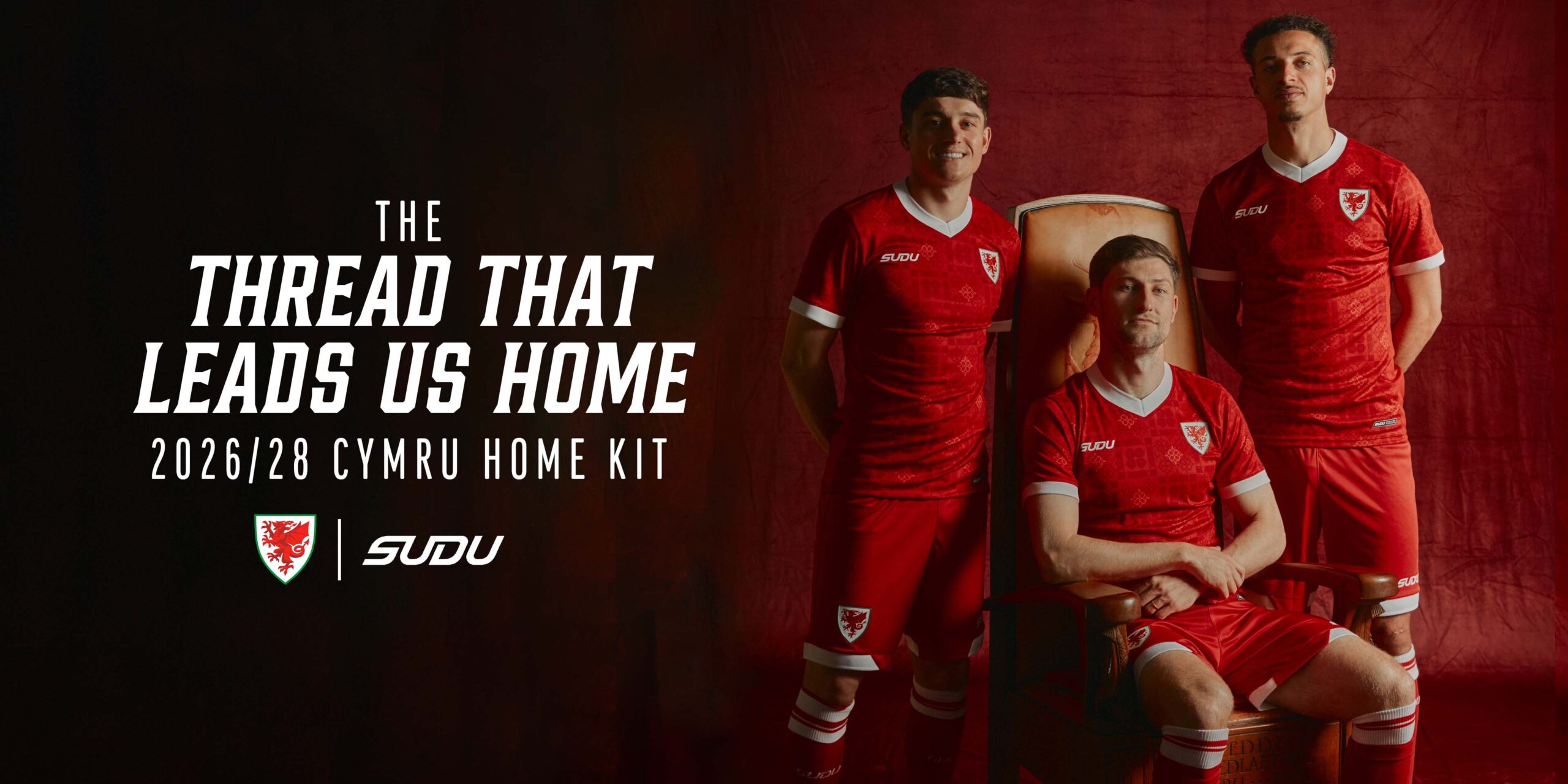Dan James, Ben Davies, and Ethan Ampadu model the Wales 2026 home kit