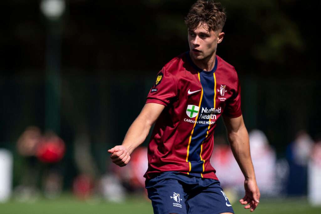 Spencer Dymond-Hall of Cardiff Met during the 2026/27 Novira Cymru Premier match between Cardiff Met & Holywell Town at Cyncoed Campus, Cardiff, Wales
