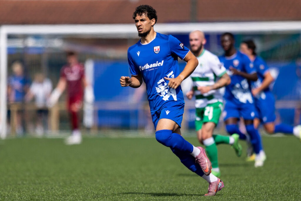 Tyler Walker of Penybont during the Novira Cymru Premier matchl between Penybont & The New Saints at the DragonBet Stadium, Bridgend, Wales