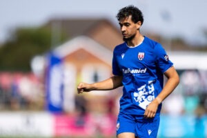 Tyler Walker of Penybont during the Novira Cymru Premier matchl between Penybont & The New Saints at the DragonBet Stadium, Bridgend, Wales