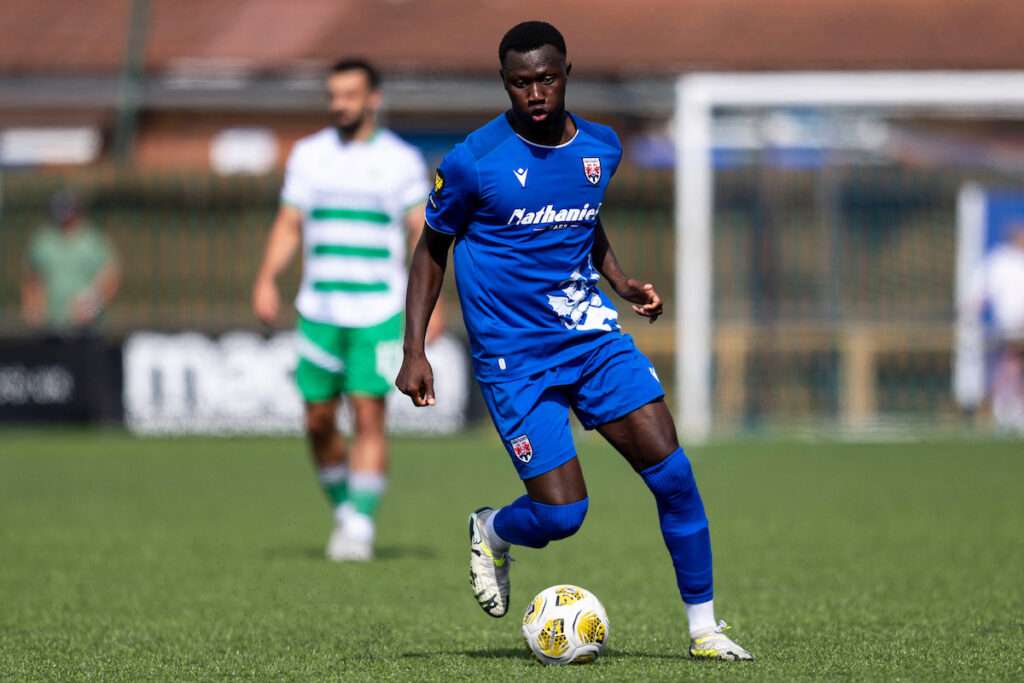 Marinho Manga of Penybont during the Novira Cymru Premier matchl between Penybont & The New Saints at the DragonBet Stadium, Bridgend, Wales.